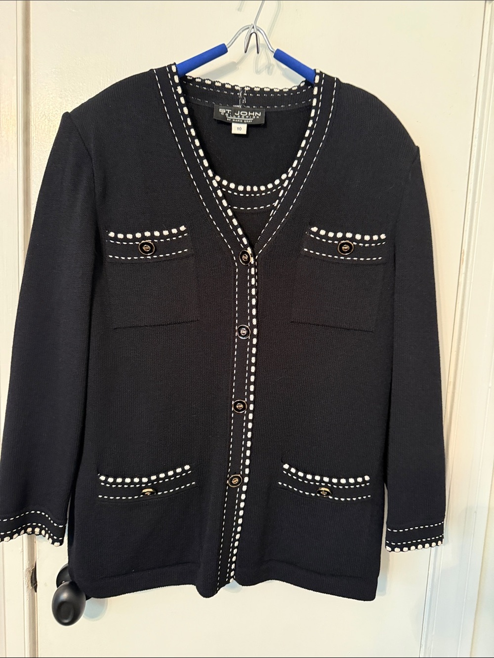 St. John Black Knit Button-Front Jacket with White Stitch Trim with Tank Top